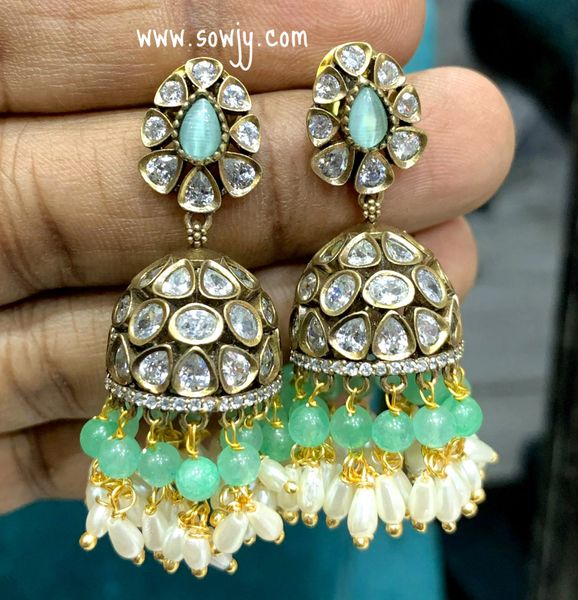 Lovely Victorian Finish Uncut AD Stone Jhumkas -Mint Green and Whiote Rice Pearl Hangings !!!