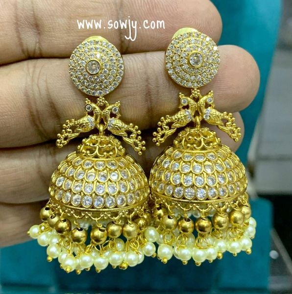 Beautiful Gold Finish Peacock Grand Big Size Jhumkas- Full White !!!