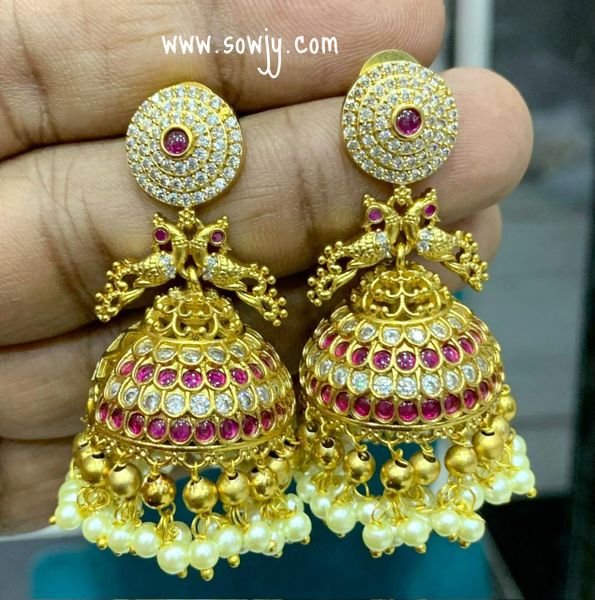 Beautiful Gold Finish Peacock Grand Big Size Jhumkas- Ruby and White !!!