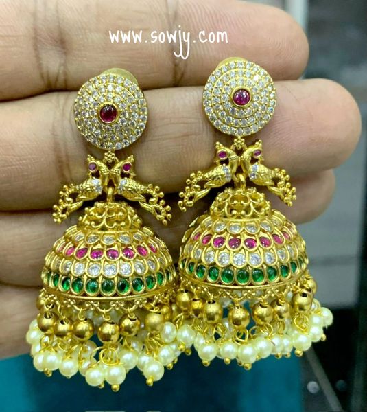 Beautiful Gold Finish Peacock Grand Big Size Jhumkas- Emerald,Ruby and White !!!