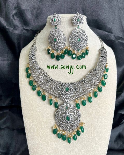 Very Grand Big Size Victorian Finish Floral Pattern Necklace with Emerald Hanging Beads and Matching Big Light Weighted Earrings !!!
