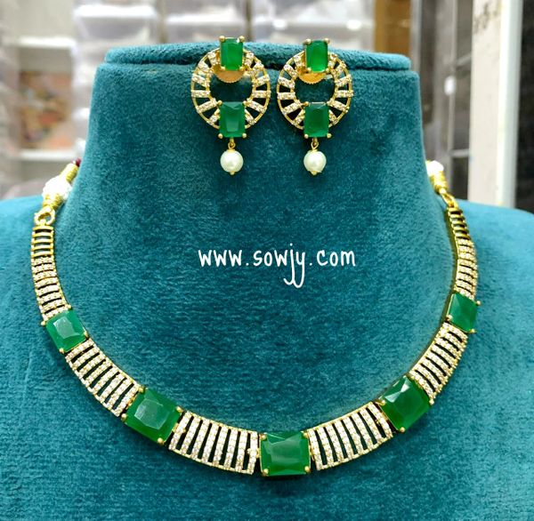 Simple and Elegant Gold Finish AD Stone Trendy Designer Necklace with Matching Earrings- Emerald Green !!!