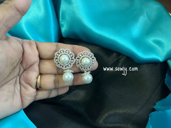 Pearl Studded Floral Designer Earrings in Silver Finish with Small Hanging Pearl Drop !!!
