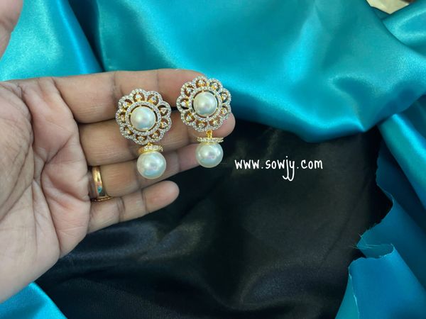 Pearl Studded Floral Designer Earrings in Gold Finish with Small Hanging Pearl Drop !!!