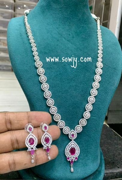 Beautiful Designer AD Stones Long Necklace with Matching Earrings in Silver Finish -Ruby !!!