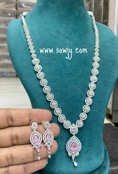 Beautiful Designer AD Stones Long Necklace with Matching Earrings in Silver Finish -Pastel Pink !!!