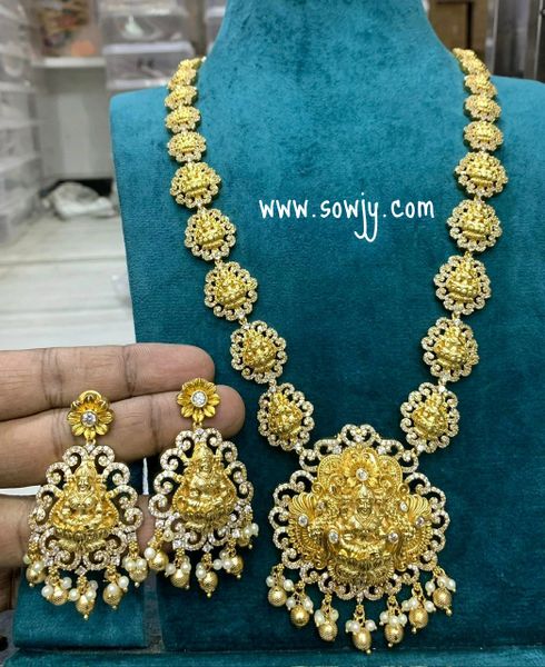Very Grand New Designer Nakshi (3D Embossed) Pattern Long Lakshmi Big Pendant Haaram with Matching Lakshmi Earrings in Gold Finish