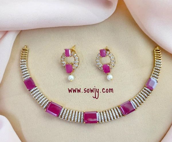 Simple and Elegant Gold Finish AD Stone Trendy Designer Necklace with Matching Earrings- Ruby !!!