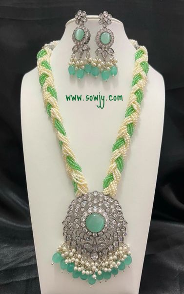 Lovely Big Size Victorian Finish Designer Pearl and Crystals Long Necklace with Long Light Weighted Earrings -Mint Green !!!