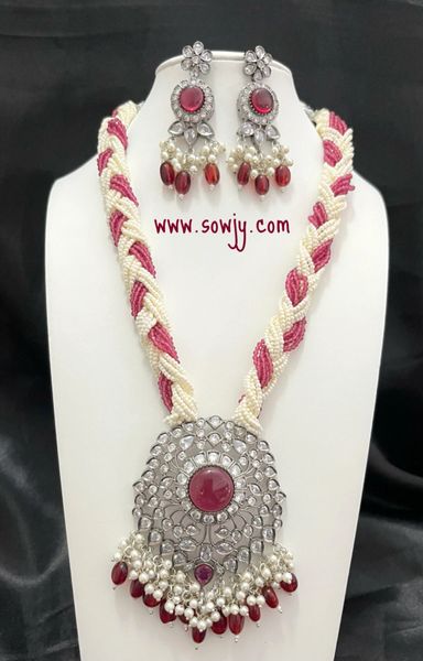 Lovely Big Size Victorian Finish Designer Pearl and Crystals Long Necklace with Long Light Weighted Earrings -Ruby Red !!!