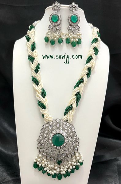 Lovely Big Size Victorian Finish Designer Pearl and Crystals Long Necklace with Long Light Weighted Earrings -Emerald Green !!!