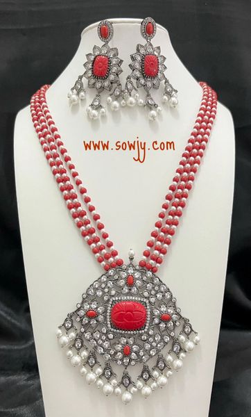 Lovely Victorian Finish Big Size Coral Color Carved Floral Pendant in Three Layer Long Coral and Pearl Beads and Big Long Light Weighted Earrings !!!