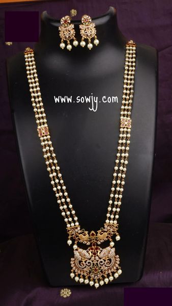 Ganesha Pendant Pearl Three Layer Long Necklace with Earrings !!!!