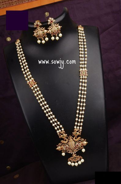 Lakshmi Peacock Pendant Three Layer Pearl Long Necklace with Earrings !!!!