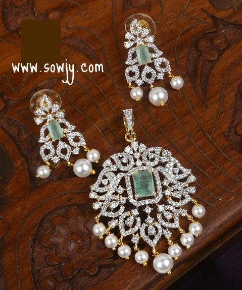 Floral Designer Diamond Look Alike Pendant Set with Earrings- Mint Green Center Stone !!!