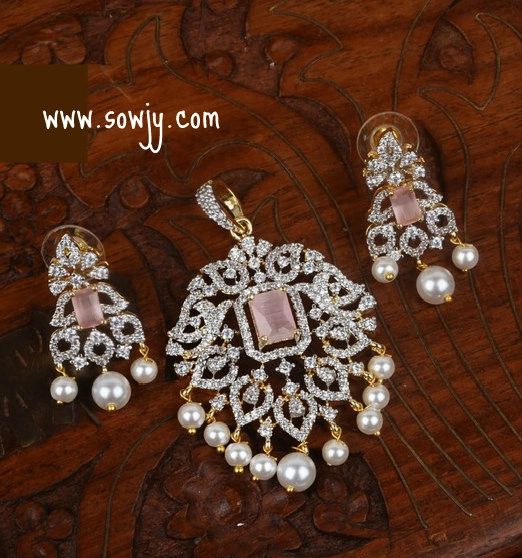 Floral Designer Diamond Look Alike Pendant Set with Earrings- Pastel Pink Center Stone !!!