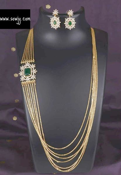 Beautiful Diamond Replica Side Brooch Pendant Chandra Haaram with Earrings in Gold Finish- Just Like Real Gold- Emerald !!!!