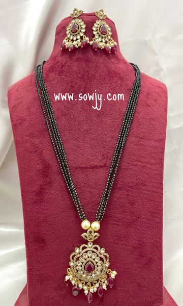 Lovely Victorian Finish Floral Pattern Pendant in 24 Inches Long Layered Black Beads Chain with Earrings- RED !!!