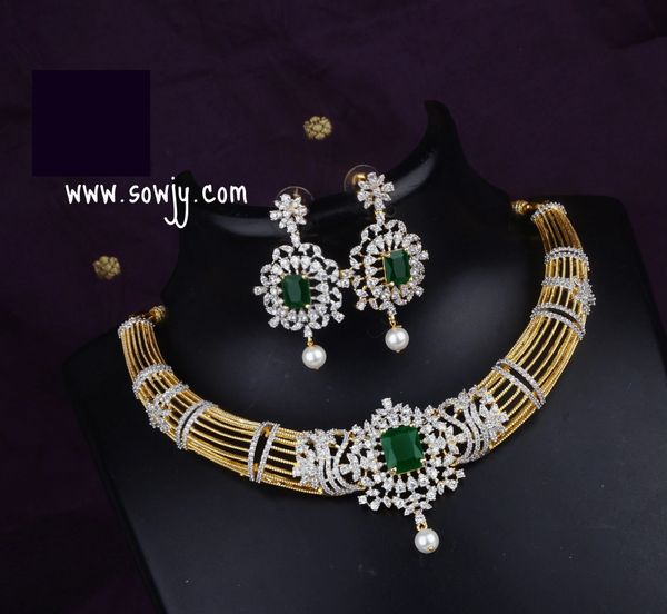 Trendy Gold Replica New Designer Necklace with Diamond Center Pendant and matching Earrings- Green !!!!