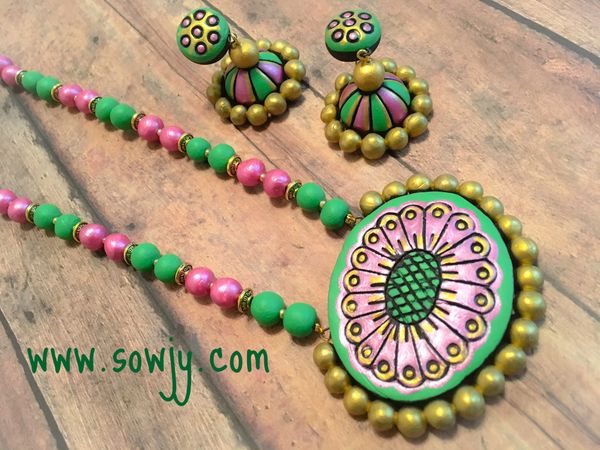 Chakra Terra-cotta Design with Jhumkas in Shades of Green and Pink!!!