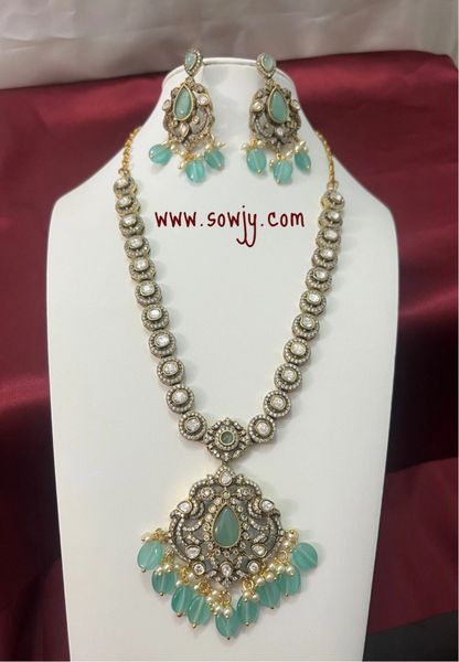 Lovely Victorian Finish Moissanite Stones Premium Quality Peacock Pendant Necklace with Earrings- Mint Green !!!