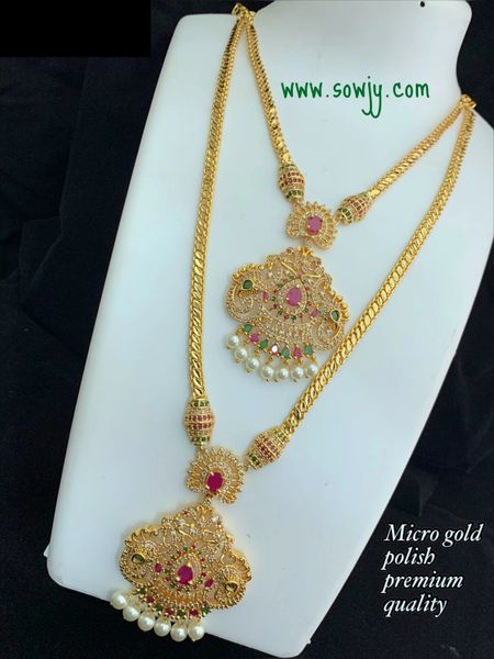 Micro-Gold Polish Premium Quality Peacock Pendant Short and Long Necklace Combo-NO EARRINGS- Red,Green and White !!!