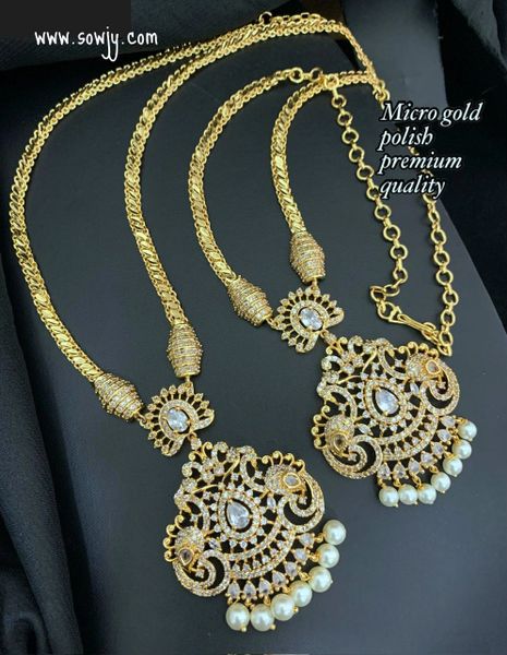 Micro-Gold Polish Premium Quality Peacock Pendant Short and Long Necklace Combo-NO EARRINGS- Full White !! !!!