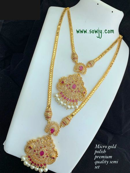 Micro-Gold Polish Premium Quality Peacock Pendant Short and Long Necklace Combo-NO EARRINGS- Ruby and White !! !!!