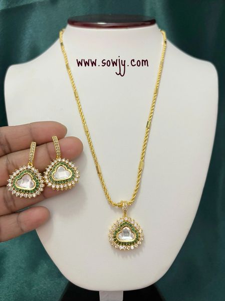Beautiful and Trendy Moissanite Stone Gold Finish Pendant in Long Designer Gold Chain with Earrings- Green and White !!!
