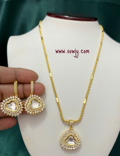 Beautiful and Trendy Moissanite Stone Gold Finish Pendant in Long Designer Gold Chain with Earrings- Full White !!!