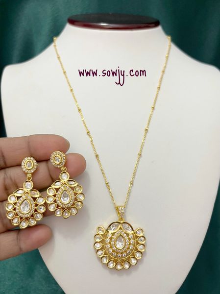 Floral Moissanite Stones Pendant in Gold Finish in Long Designer Chain with Matching Earrings !!!