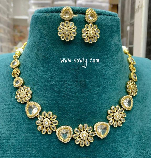 Lovely Big Floral Pattern Gold Finish Full White AD Stone Necklace with Earrings !!!
