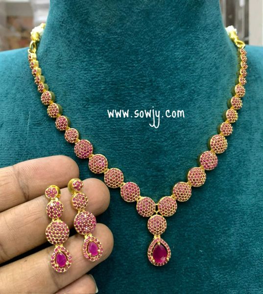 Simple,Elegant and Trendy Designer Gold Finish AD Stone Necklace with Earrings- Full Ruby !!!