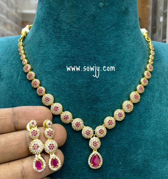 Simple,Elegant and Trendy Designer Gold Finish AD Stone Necklace with Earrings- Ruby and White !!!