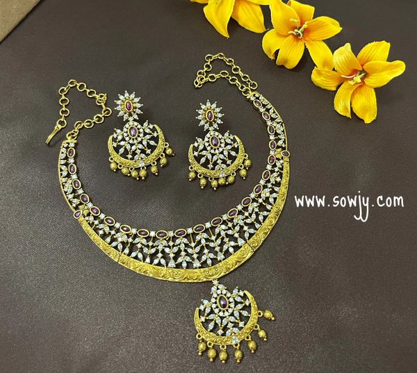 Chaandbali Design Pendant AD Stone Gold Finish Necklace with Chaandbali Earrings !!!!
