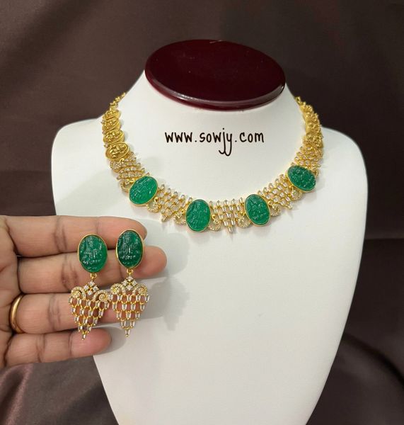 Emerald Stone Inlay Work Carved Lakshmi Design AD Stone Necklace with Earrings-Premium Quality !!!