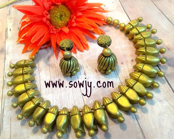 Bright Gold Terracotta Choker set with Medium sized Jhumkas!!!!