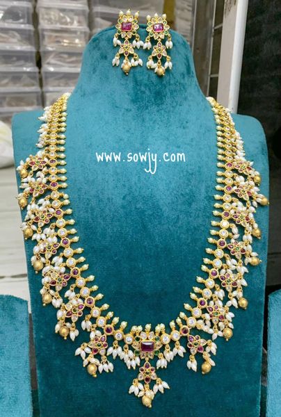 Floral Pendant Long Guttapusalu Haaram with Rice Pearl Hangings and Matching Earrings-NO GOD/GODDESS/NO MOTIFS/NO FIGURINES!!!!