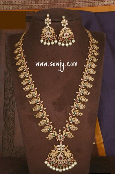 Lovely Lakshmi Pendant Long Paisley (Maanga) Haaram with Earrings in Gold Finish !!!