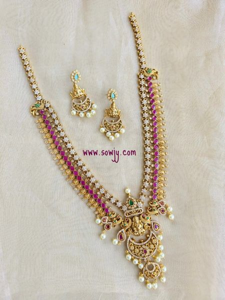 Lovely Lakshmi Chaandbali Design Kemp and AD Stones Pendant Long Haaram with Lakshmi Earrings in Gold Finish !!!!