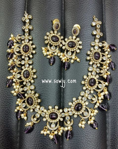 Lovely Victorian Mehandi Finish Grand Moissanite Stones Floral Necklace with Lovely Earrings- Purple/Amethyst !!!