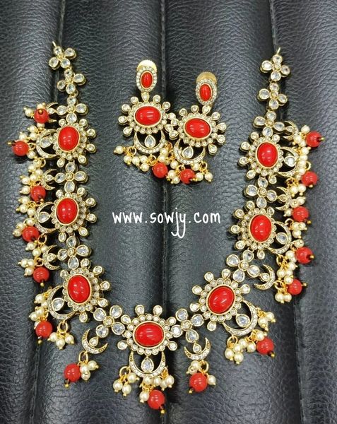 Lovely Victorian Mehandi Finish Grand Moissanite Stones Floral Necklace with Lovely Earrings- Coral !!!