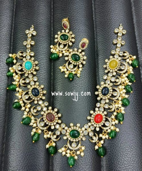 Lovely Victorian Mehandi Finish Grand Moissanite Stones Floral Necklace with Lovely Earrings- Multi-Color !!!