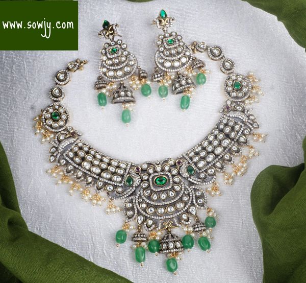 Very Grand New Designer Victorian Finish Moissanite Stones Necklace With Earrings- Emerald Green !!!