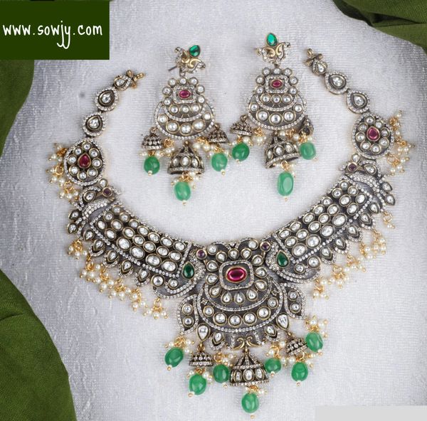 Very Grand New Designer Victorian Finish Moissanite Stones Necklace With Earrings- Ruby Red and Emerald Green !!!
