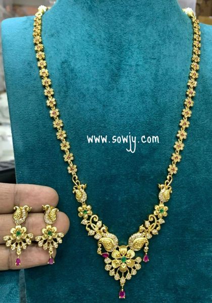 Simple and Elegant Gold Finish Peacock Pendant Long Necklace with Small Earrings!!!