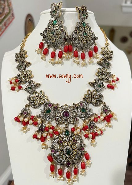 Lovely Victorian Finish Peacock Pendant Grand Guttapusalu Style Necklace with Earrings- Coral and Pearl Hangings!!!!