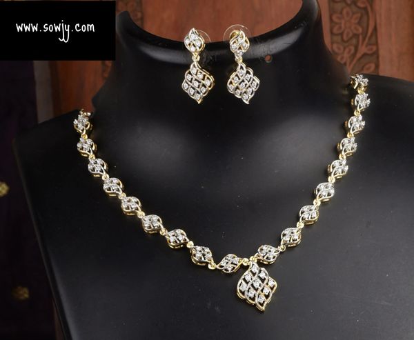 Diamond Replica Gold Finish Designer Necklace Set with Small/Medium Size Earrings !!!!