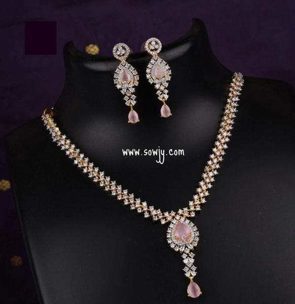Diamond Finish Tear Drop Pendant Design Necklace Set with Earrings-Pastel Pink !!!