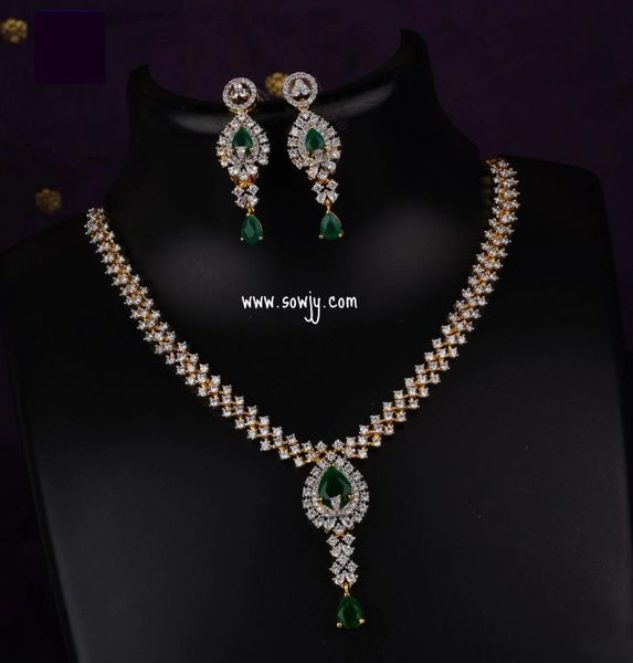 Diamond Finish Tear Drop Pendant Design Necklace Set with Earrings-Green !!!